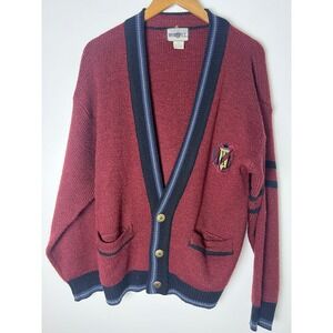 VTG Introspect Cardigan Sweater Med Burgundy Collegiate Crest Knit V-Neck Preppy